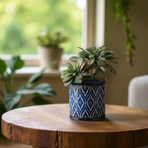 Handcrafted Artificial Succulent in Blue Pot – Unique Decor, No Water Needed!